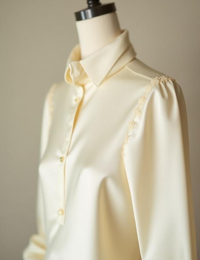 An elegant, cream-colored silk blouse with delicate detailing on the cuffs.