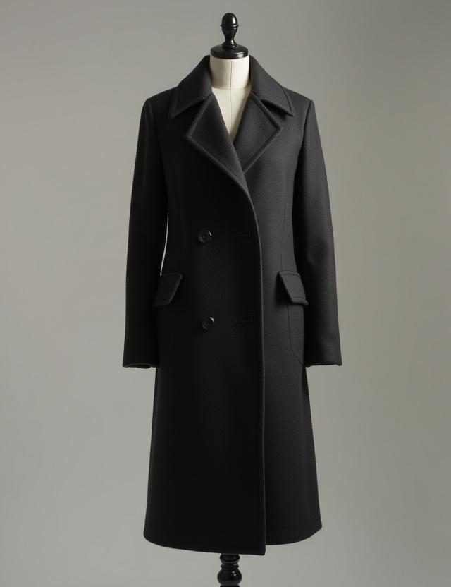A classic, long-line merino wool coat in charcoal grey.