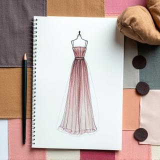 A hand-drawn fashion sketch of a dress on a notepad next to fabric swatches.