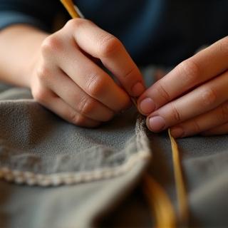 Close-up of an artisan's hands carefully hand-stitching a garment seam.